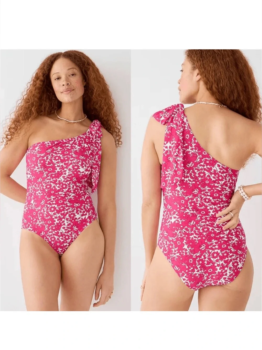 J. Crew One Shoulder One Piece Swimsuit Pink Floral Bow Size 10 Bathing Suit